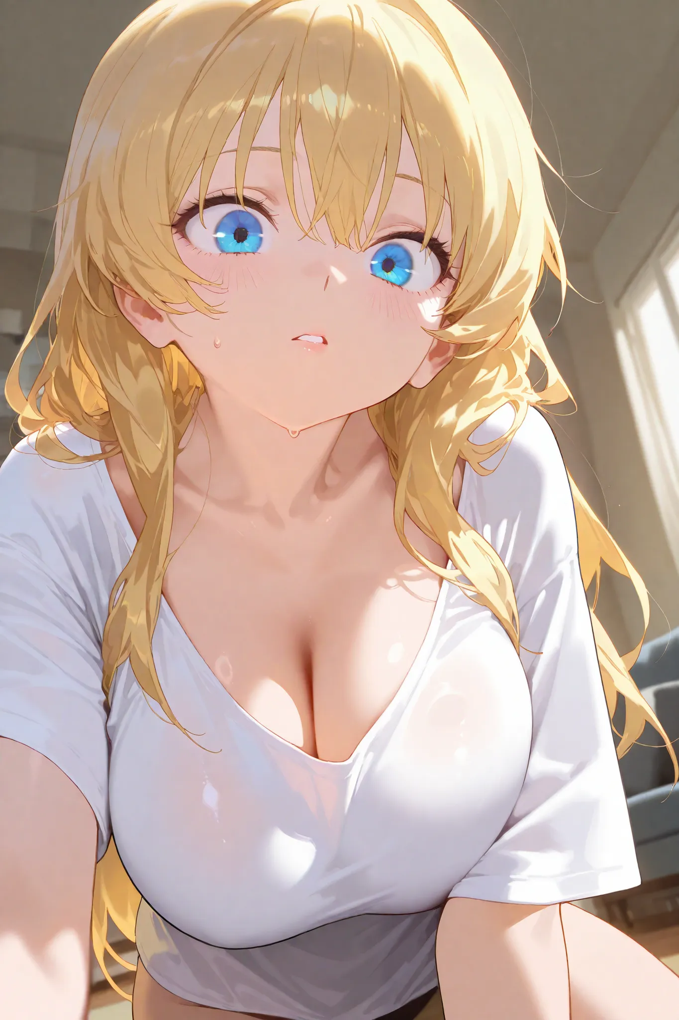  Blonde Long Hair ,with blue eyes,natural eyes falling down,Very big breasts,white t-shirt, seductive body ,Crooked,The one that caught the user,living room,A sneak peek,The cheeks of the face are swollen