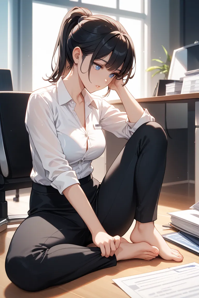 Office lady with black hair ponytail
Anime style
pants look
barefoot
Hold bare feet with your hands
I'm lifting it up to my face
I'm looking at the bottom of my foot