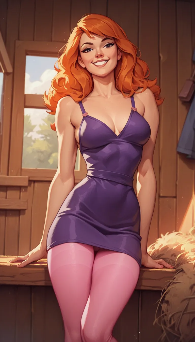 Dafne Blake from the cartoon purple dress,  orange hair, hip-length pink pantyhose, in a cabin, medium breasts,  smile.