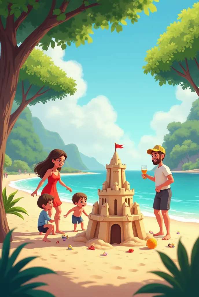 I want a photo of family playing on the sea beach and I want trees and sand castle in it