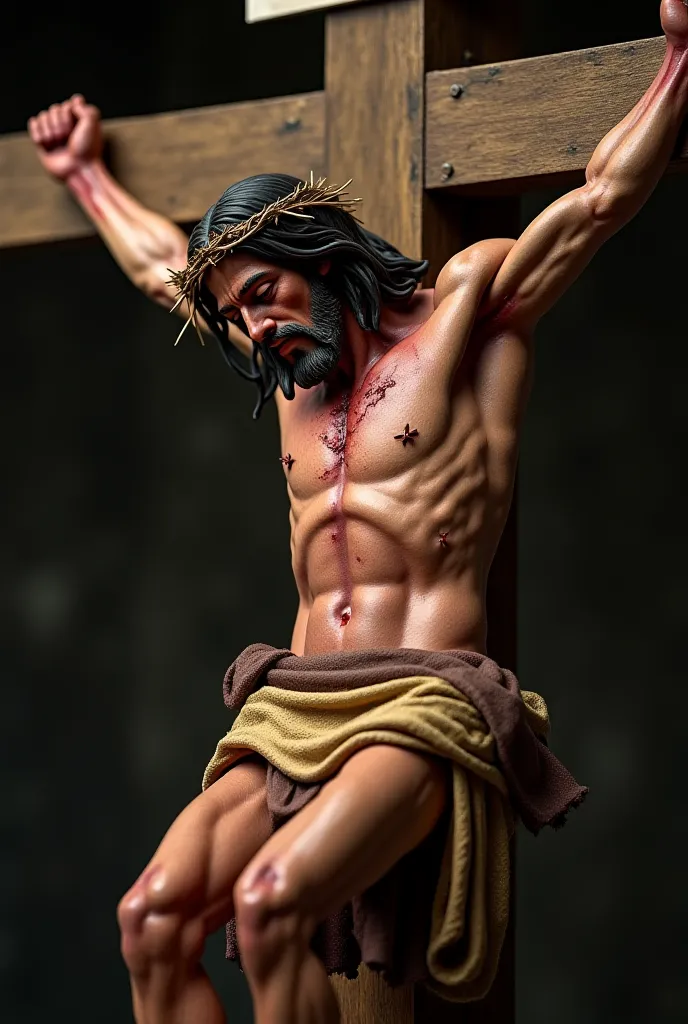 "A highly realistic scene of Jesus on the cross, captured in a dramatic and detailed close up. The camera focuses on the hands and feet of Jesus, where the scars of the crucifixion are visible, with blood dripping from wounds. His facial expression is fill...