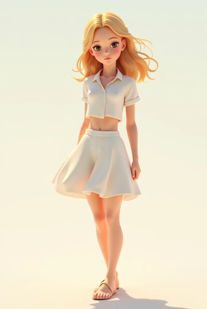 
A girl wearing a short white shirt showing her belly with a white skirt below the knee