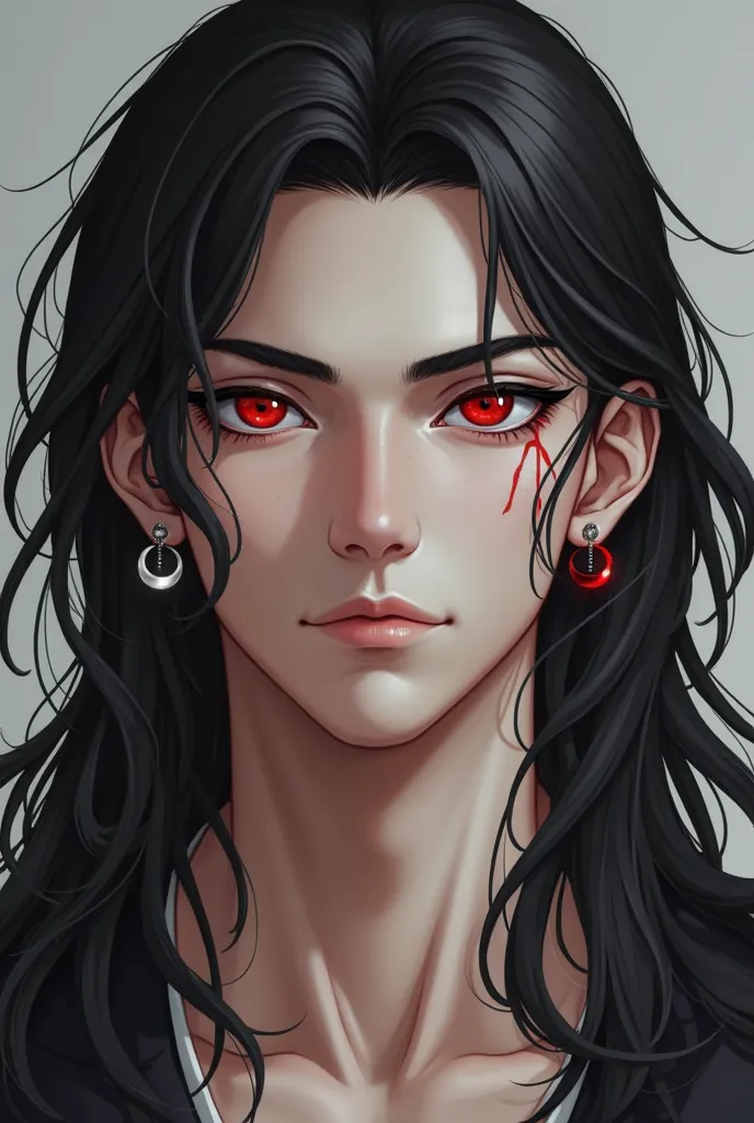 Create a handsome man , strong and attractive, with slanted eyes one bright red and the other bright white, pale skin,  thick eyebrows, long black hair,  a scar on his right eye , silver and moon earrings in the middle of the left cheek. realistic.