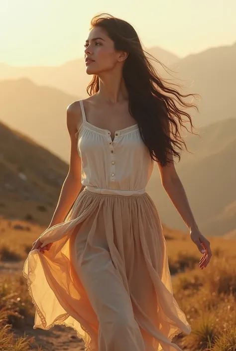 Girl in a skirt, beautiful young woman, thoughtful facial expression, soft features, long dark hair, slim accuracy, Elegant pose,  in the background of nature, sunlight,  golden tones , realistic detail, runs away from the mountain High quality, photograph...