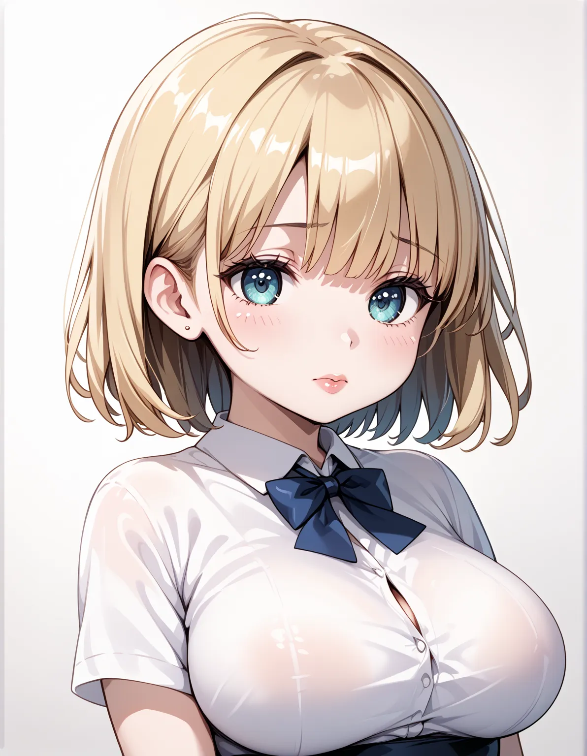 (( best quality:1.4)),  white black,Big Breasts, adult woman with yellow short hair ,  mature face with thick lips,  white short sleeve shirt, sad expression