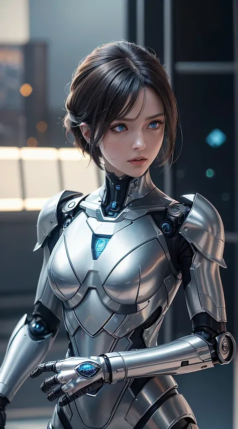 A robot in a cybersuit is standing near a building holding a sword, 1 girl crouching, Alone, viewer, upper body,  short hair, chest,  brown hair, lips,accurately expresses details such as face and skin texture, beautiful eyes, double eyelids,Delicate Skin,...