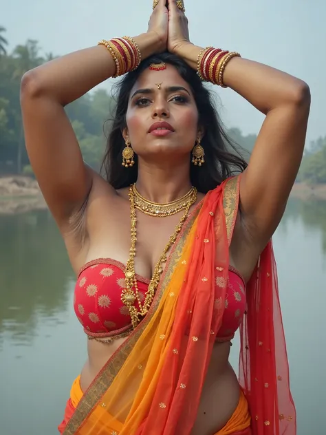 The image is a portrait of a Indian woman. Clear and bright picture. Posing in a seductive manner. figure is so matured and curvy. Erotic figure, round shape figure, sensual figure, matured figure. She is wearing colourful strapless saree and bra only. Rem...