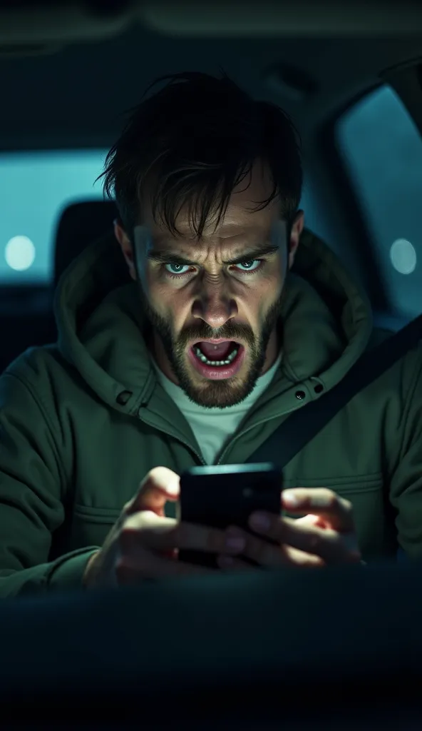 A shocked man sitting inside his car at night, staring at his phone. The screen once again shows "Unknown Caller." The tension is high, and the man’s face looks terrified.