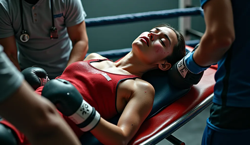 unconscious female boxer on stretcher