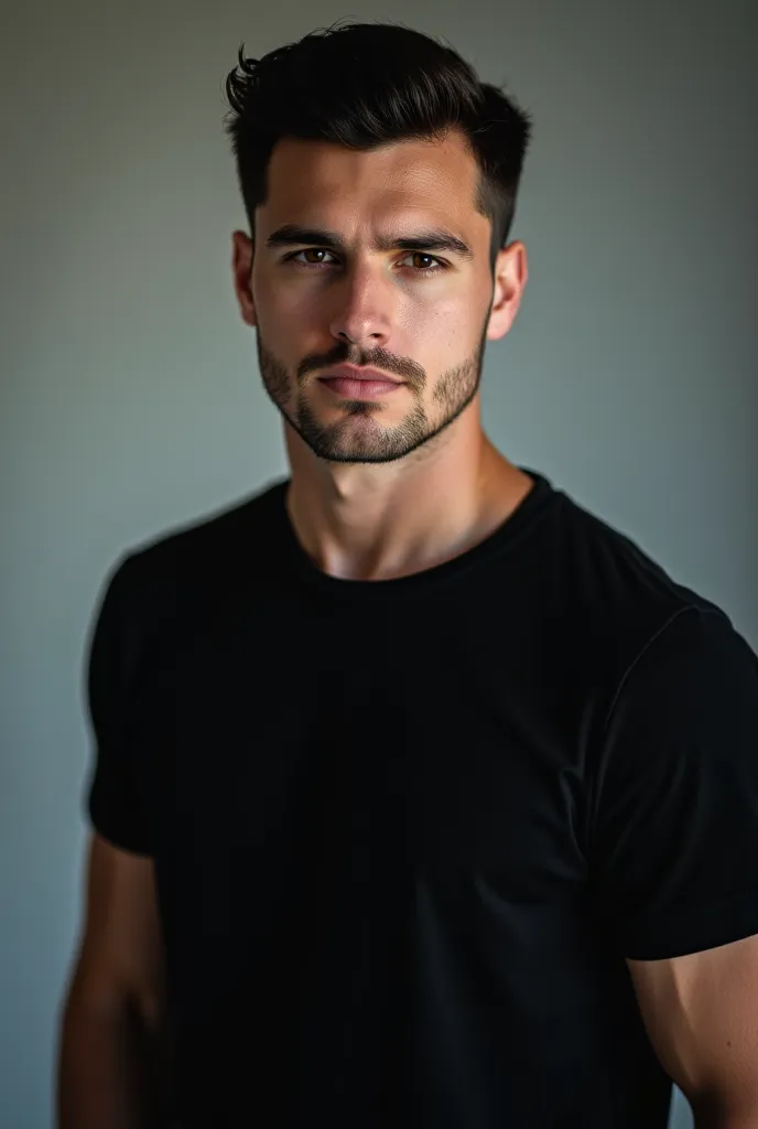 An handsome man who wear a black t shirt portrait photo