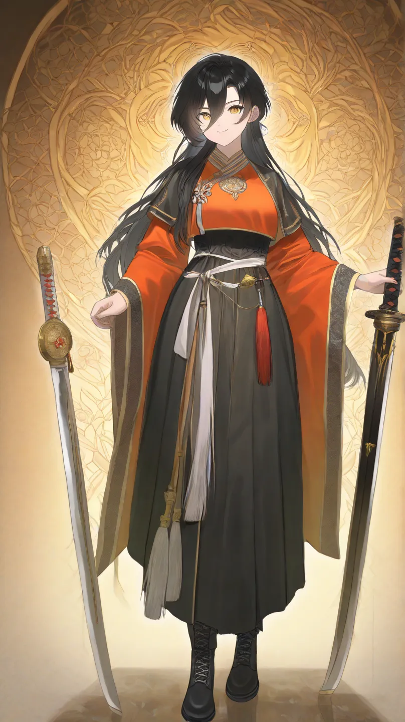 Murim's sword master named Hwaryong, she has black hair and amber eyes, she wears traditional Murim clothes, she has giant boobs and curvy hips, kunaboto style 