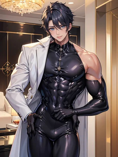  (masterpiece,best quality,ultra_detailed,highres,absurdres), (detailed shadow), (quality light),1 (yaoi_ikemen_male:2.0) (with bulge:1.2), 30-ish, (muscleale focus), (solo:1.6), short black Quiff hair with Soft Fringe (bangs part on side 3:7 ratio), blue ...