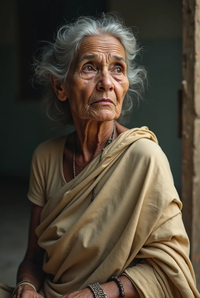 An elderly woman with , wearing a faded beige saree. Her hair is tied in a bun, and she has a frail but resilient posture. The background is simple, highlighting her emotional expressions."
