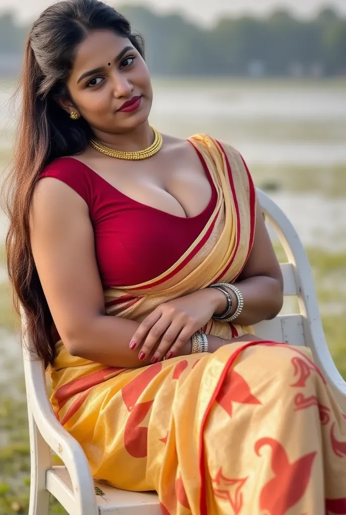 Matured indian girl "Each time wearing a different, stylish, colorful, and uniquely designed outfit, varying in color, texture, and pattern showing large c Cut Cleavage  hot attractive face, long ponytail hairstyle, her  long legs and thigh is visible, hee...