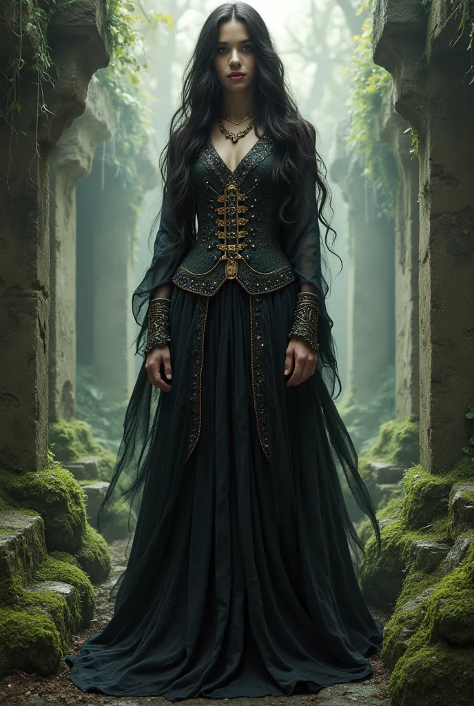 Full body art of a Giantness tall beautiful witch with black hairs 