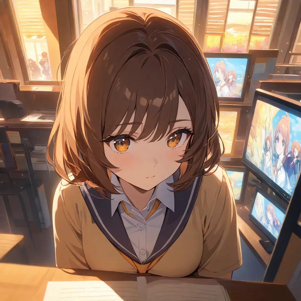 with an anime-style taste、A woman with short brown hair wearing a high school uniform、 observing people 