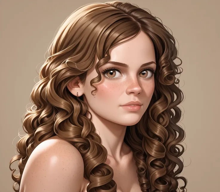 (masterpiece), best quality, high quality, score_9, score_8, score_7, solo, hermione, xhermionex, brown hair, long hair, curly hair, brown eyes, freckles, nude, hot