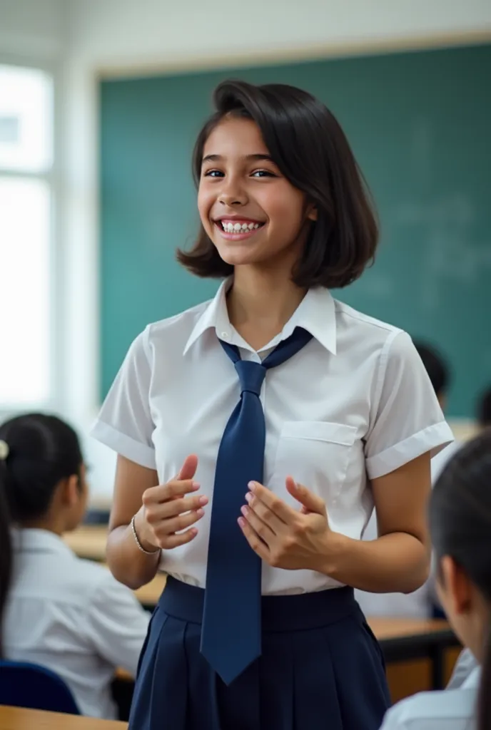 17-year-old female student of Peruvian origin, short and dark hair has a laughing face, making a presentation in the classroom, She is wearing school uniform white blouse with blue tie and dark blue pants.  