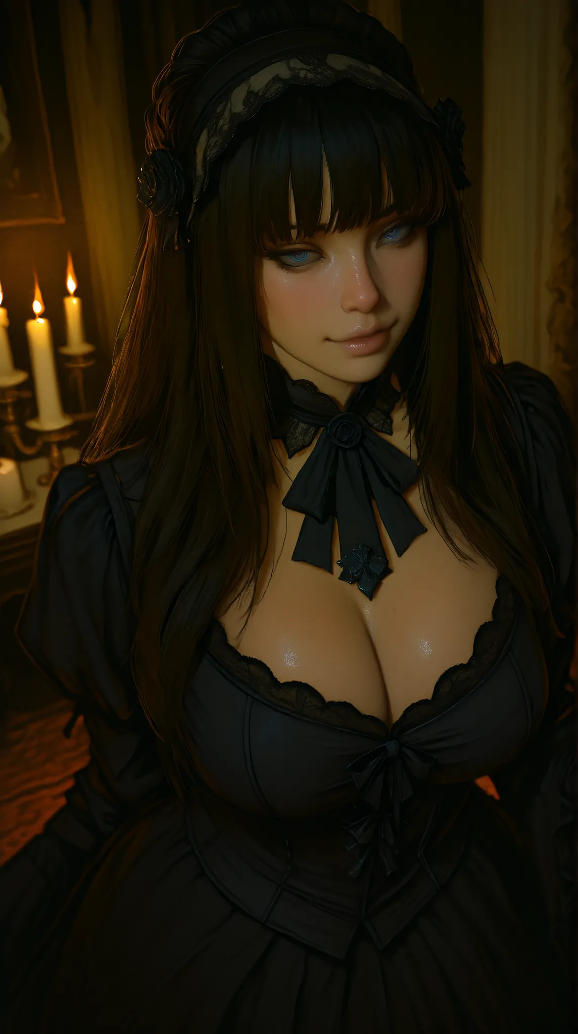 A photo of a beautiful Goth woman with massive cleavage, high quality, detailed facial features, seductive expression, sultry pose, erotic, intimate, sensual, dramatic lighting, dark moody atmosphere, candle-lit, ornate Gothic setting, Victorian architectu...