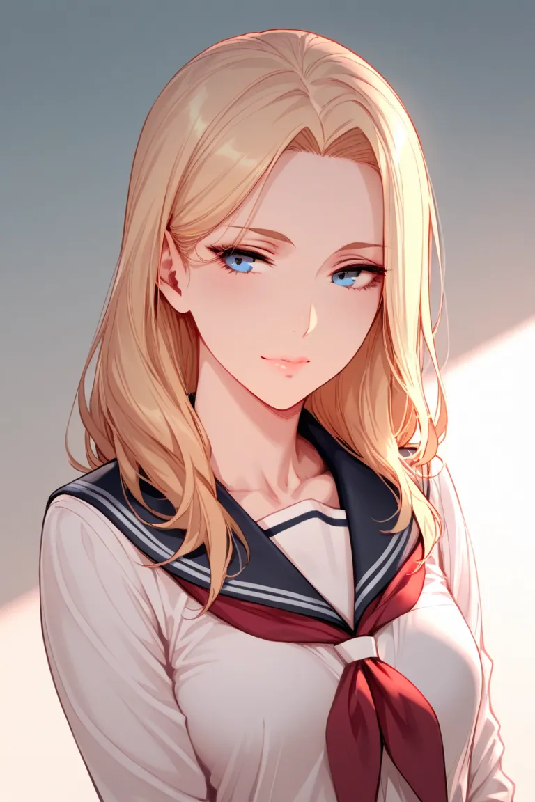 A beautiful young human girl with adorable features and long blonde hair, blue eyes, small breasts and wearing a Japanese school uniform without showing the body