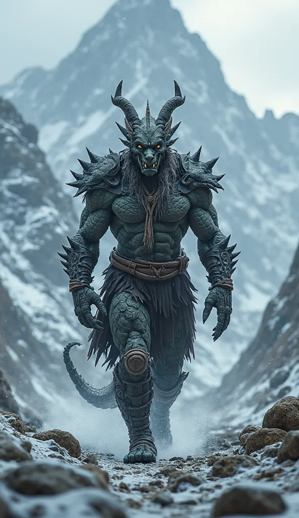 Goes forward, one character with Viking and dragon traits in common, , a mythical human creature, against the background of gloomy snow-capped mountains