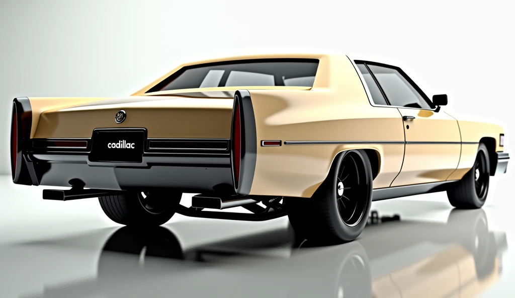 create an ultra-detailed 3D render of a modern, close-up FrontSide view of modern old model 1973 Muscle Cadillac CT5 with a bold design. The car should feature a 'beige" color with a prominent 'cadillac' logo on its prominent back  and sleek taillights and...