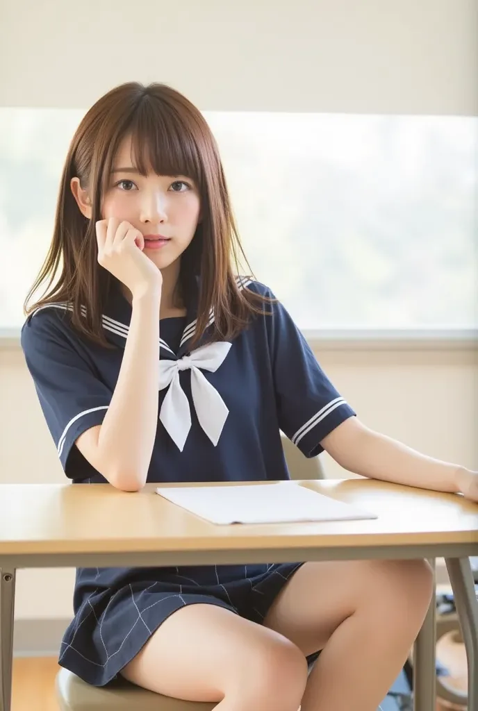 classroom　High School Girls　uniform　Sitting at a desk　short skirts　cute panties are visible