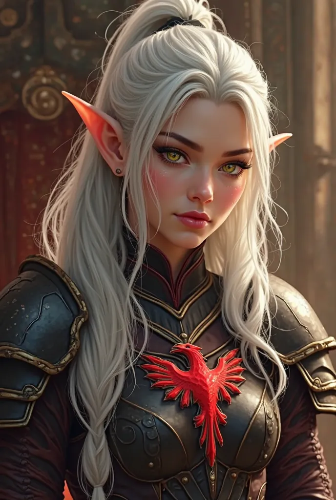 Picture a handsome warcraft elf, long white hair, that develop in the wind. Long elven and pointy ears. The eyes are glowing with golden light,  is like magic . The girl's face is pretty mature and serious, looking 37 years old. She is wearing black red ar...