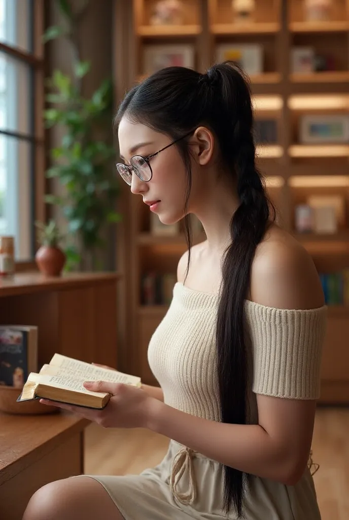 a beautiful girl sitting in the library studying wearing round glasses holding a book in her hands, wearing crop top off shoulder and skirt, sitting on a bench, long black hair tied in a pony tail.