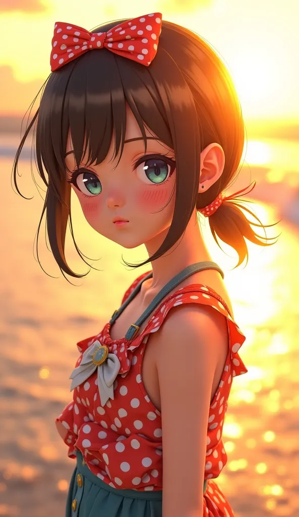 A japan 4D anime young Girl, wearing colorful outfit, sitting on the beautifull beach, in sunset, close up shoot. 