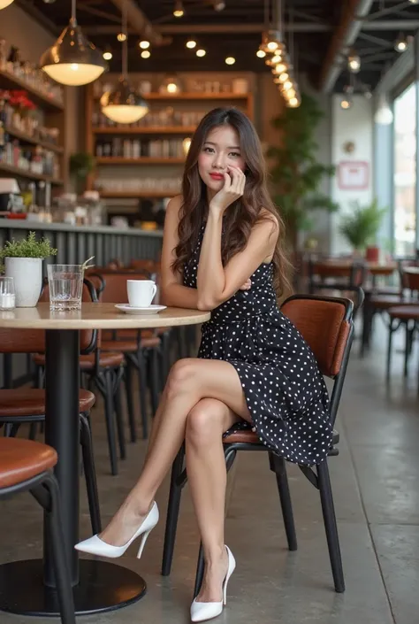 While drinking coffee at a coffee shop、sexy asian woman with long hair wearing a black polka dot dress and white high heels while drinking coffee at a coffee shop.