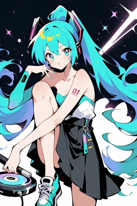 (has the best quality, sketch:1.2),practical, illustration designer  ,cunning，1 girl,   Hatsune Miku  ， delicate lips , Hold the baton in your hand， strapless， Neon long hair  ,  high ponytail green  ， skirt， Put your foot on the sound，sneakers。 masterpiec...