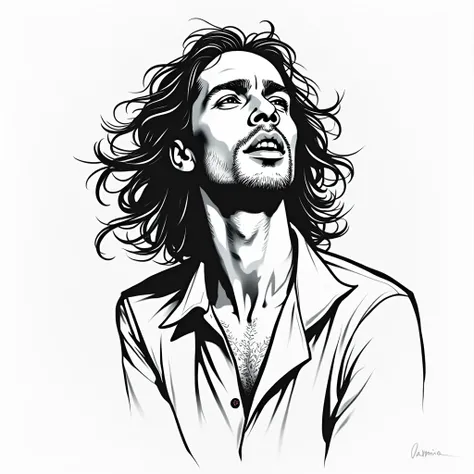 Black line art on white screen, a curvy long hair male jazz singer with great mood on