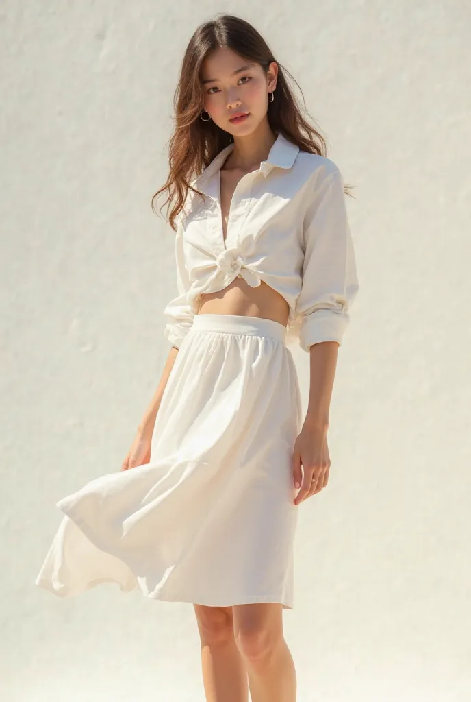 Girl in a white short shirt that shows her stomach with a white below-the-knee skirt