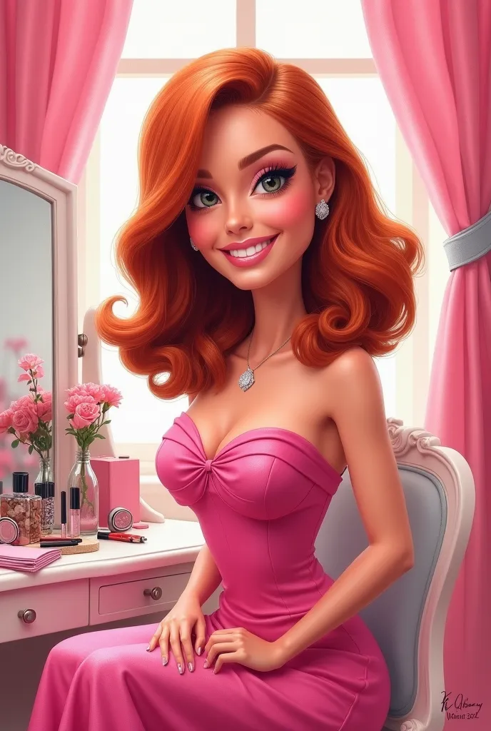 I want you to create a digital caricature of a Barbie-themed woman with pink shades of a slightly plump woman wearing a pink dress and shoulder-length red hair sitting on a dressing table with makeup and hair accessories. I want it to have the caption "Hap...