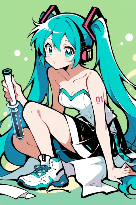 (has the best quality, sketch:1.2),practical, illustration designer  ,cunning，1 girl,   Hatsune Miku  ， delicate lips , Hold the baton in your hand， strapless， Neon long hair  ,  high ponytail green  ， skirt， Put your foot on the sound，sneakers。 masterpiec...