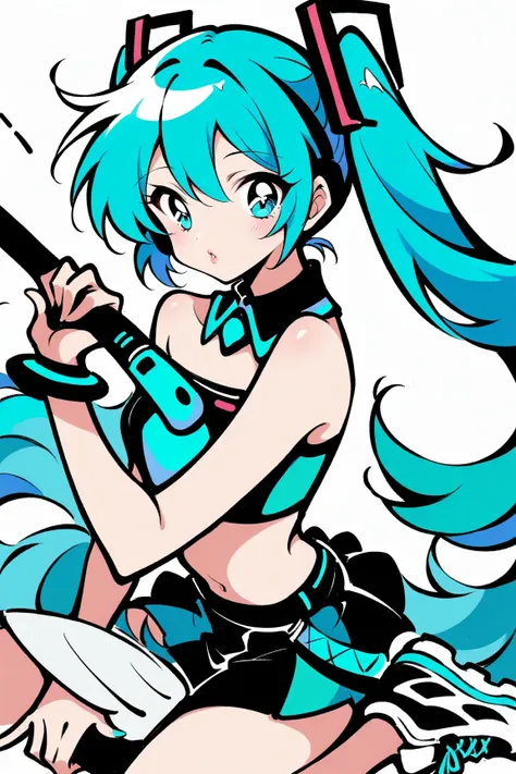 (has the best quality, sketch:1.2),practical, illustration designer  ,cunning，1 girl,   Hatsune Miku  ， delicate lips , Hold the baton in your hand， strapless， Neon long hair  ,  high ponytail green  ， skirt， Put your foot on the sound，sneakers。 masterpiec...