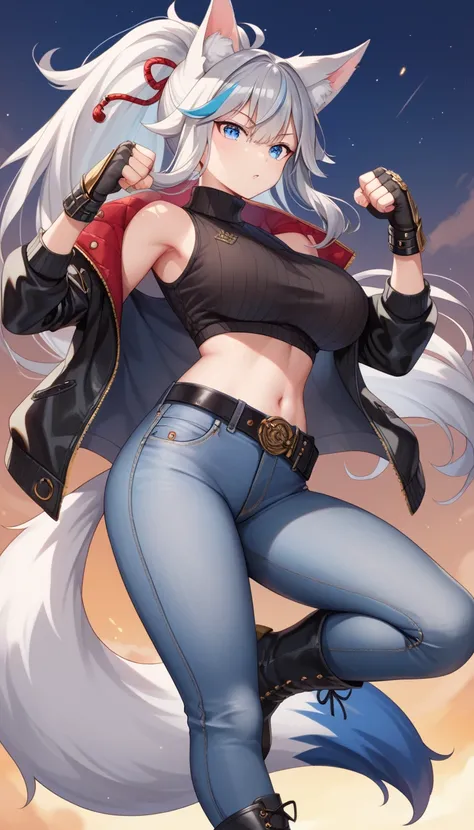  ((jeans)),  leather belt , Black color sleeveless turtleneck sweater, middle boots, masterpiece, insanely detailed, 1 girl, fighting stance, 
baby face, arched_back, (Black and gold color gorgeous clawed gauntlets), Black midriff jacket, Late Night, 
blue...