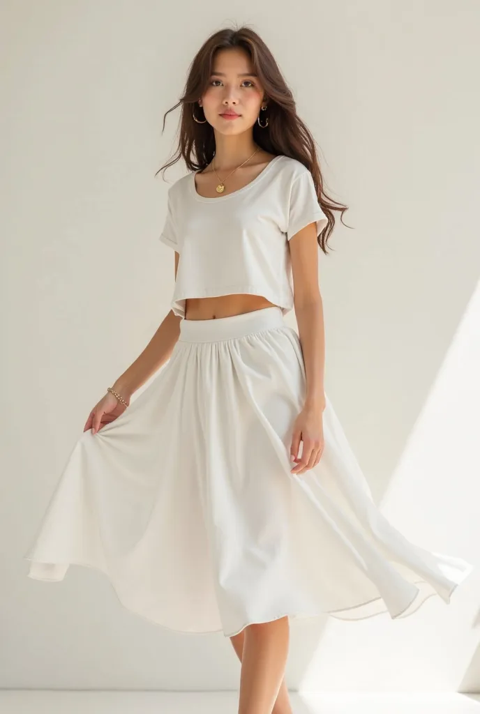 Girl in a white short shirt that shows her stomach with a white below-the-knee skirt