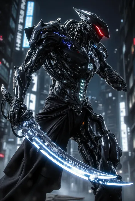 "A highly advanced futuristic assassin robot, designed with intricate mechanical details and a sleek, cybernetic exoskeleton. Its body is composed of a mix of dark metallic alloys, glowing neon circuits, and complex robotic joints. The robot's head feature...