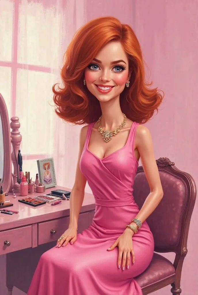 I want you to create a digital caricature of a Barbie-themed woman with pink shades of a slightly plump woman wearing a pink dress and shoulder-length red hair sitting on a dressing table with makeup and hair accessories. I want it to have the caption "Hap...