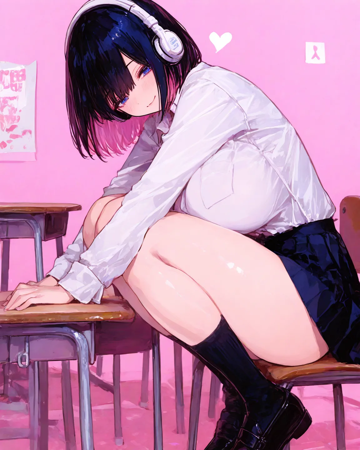     8k Wallpaper、     top quality 、 masterpiece、      748cm style     、     Female 1   、   18 years old、headphones   、 School run uniform   、   white shirt、short skirts、 socks、loafers、dynamic
walking scene、 black hair、     short hair、   blue eyes、   very b...