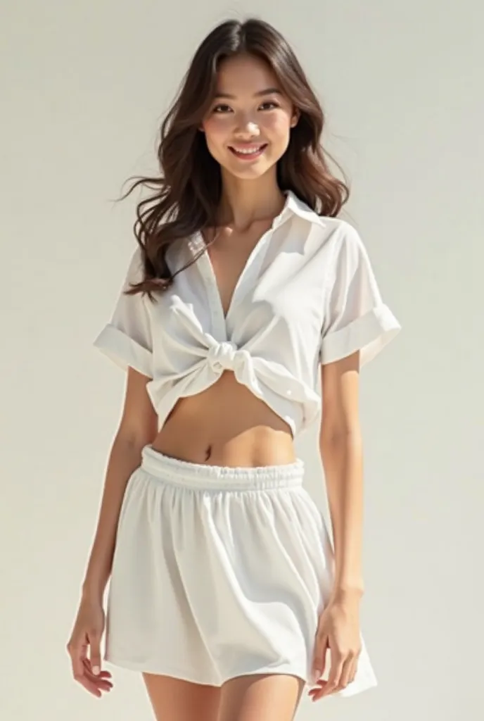 Girl in a white short shirt that shows her stomach with a white below-the-knee skirt