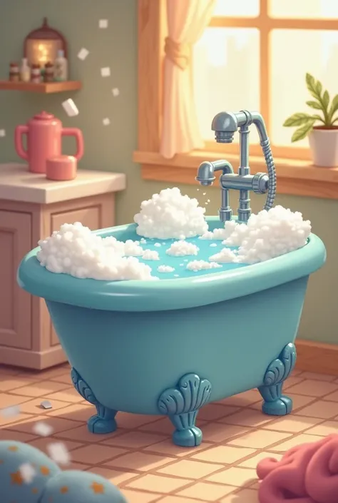 Cartoon image: in a cozy bathroom, a blue bath full of water with foam 