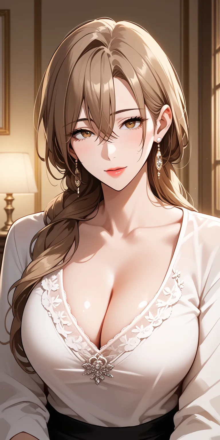 Score_9, Score_8_up, Score_7_up, Source_anime, anime art, anime style, very aesthetic, masterpiece, high quality, 1girl, elegant mature woman, milf, long sleeve, t-shirt, cleavage, brown hair, long hair, hair between eyes, home, soft light, mfant