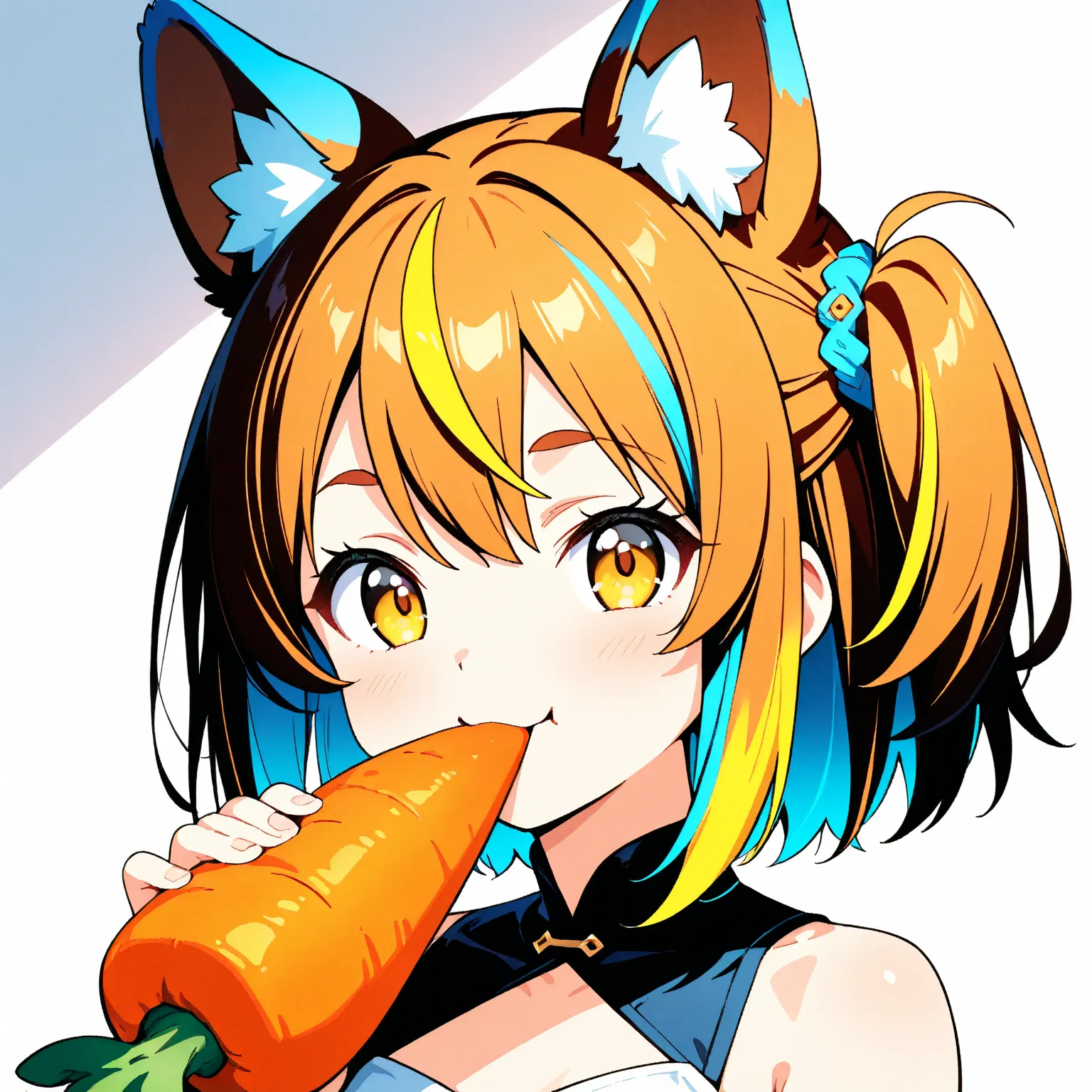 1girl, High Resolution, Side Ponytail, Streaked Hair,small Breasts, Dog Ears, Smile, Yellow Eyes, Anime Style, eating a carrot