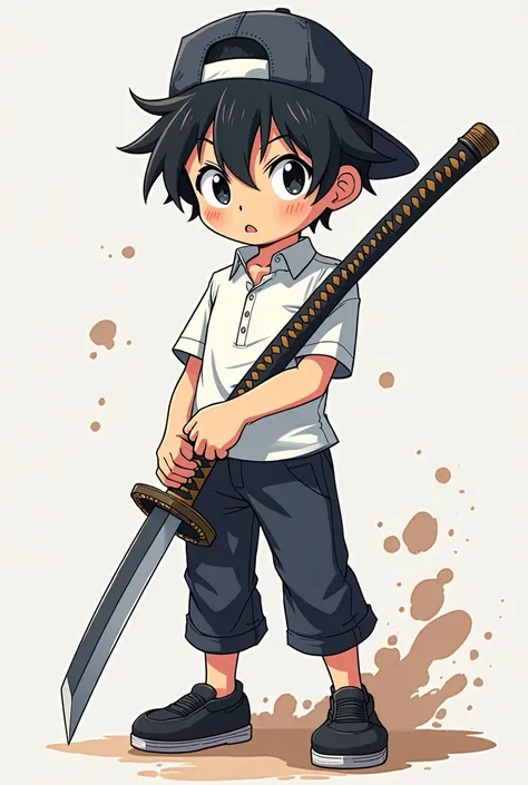 Black haired anime boy wearing backwards hat wearing elementary school uniform wearing black pants wearing black shoes and carrying katana