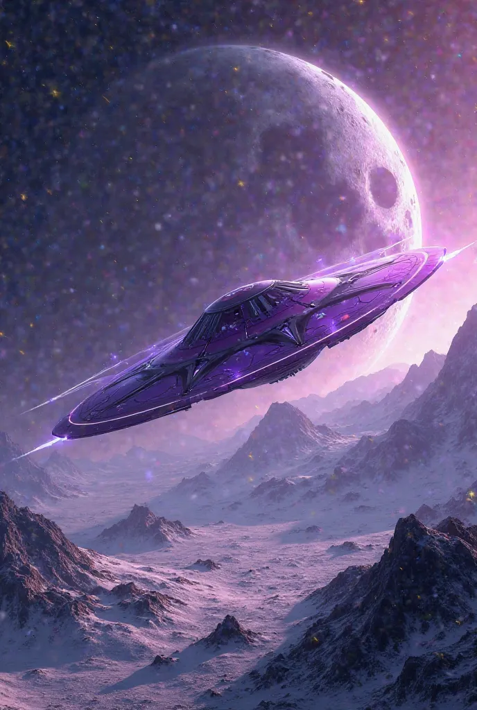 A purple space dish flying over the moon