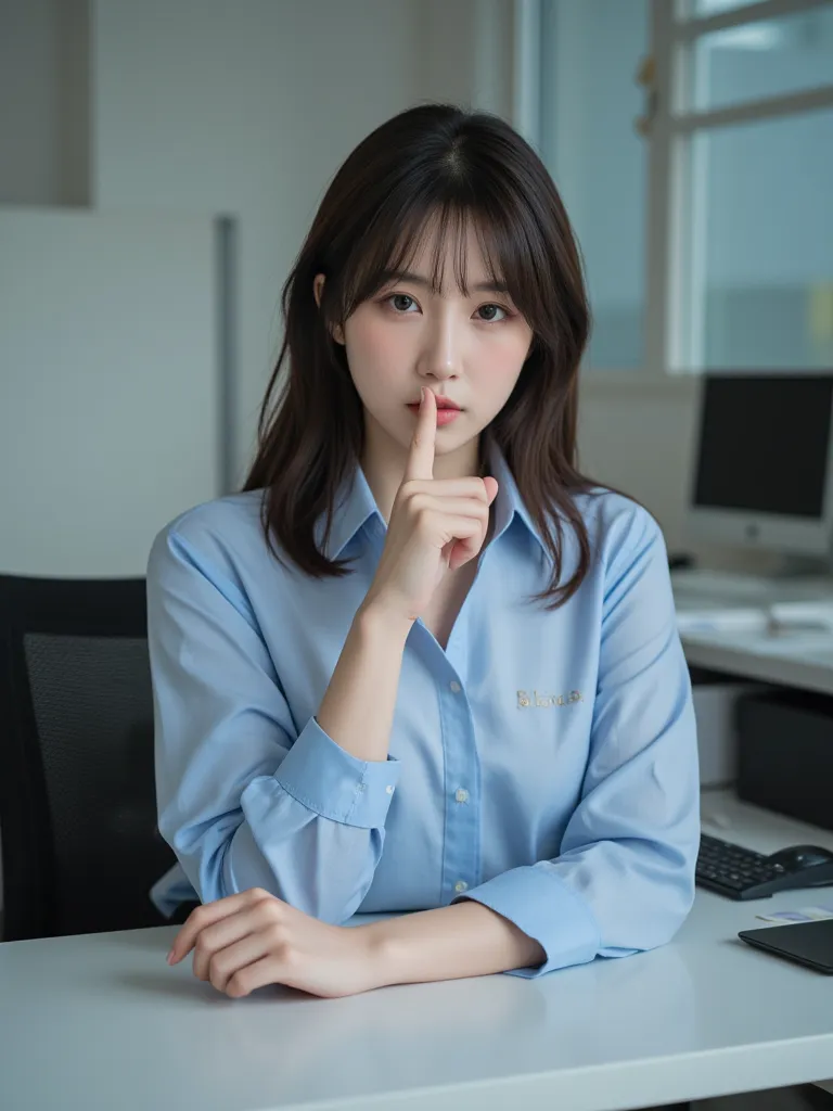 (office lady under double sleeve desk)、((loose shirt))、underwear、 puts her index finger on her mouth 、Sea、index finger extended in a 'shh' gesture、(((Hide under your desk)))、(super close range:1.9)、Shoot in close contact、20 years old、woman, cute、super deta...