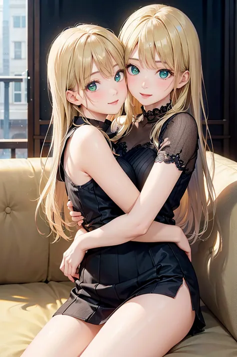  8k resolution,((highest quality)),Ultra High Resolution, Adult Female, alone,  sexy, (gentle smile), ( lime green eyes ), Beautiful Symmetrical Face, (blonde straight long hair hugging viewers' arms),sleeveless neck shirt,check miniskirt excluding the roo...